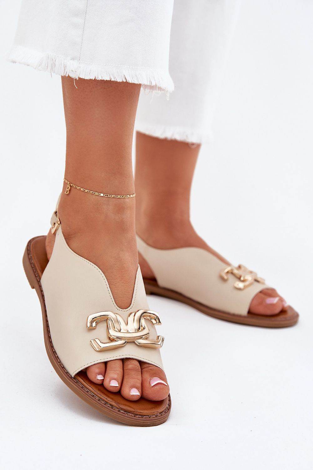Eco-Leather Women's Flat-Heeled Sandals with Gold Decoration - INDIEZ COUTURE