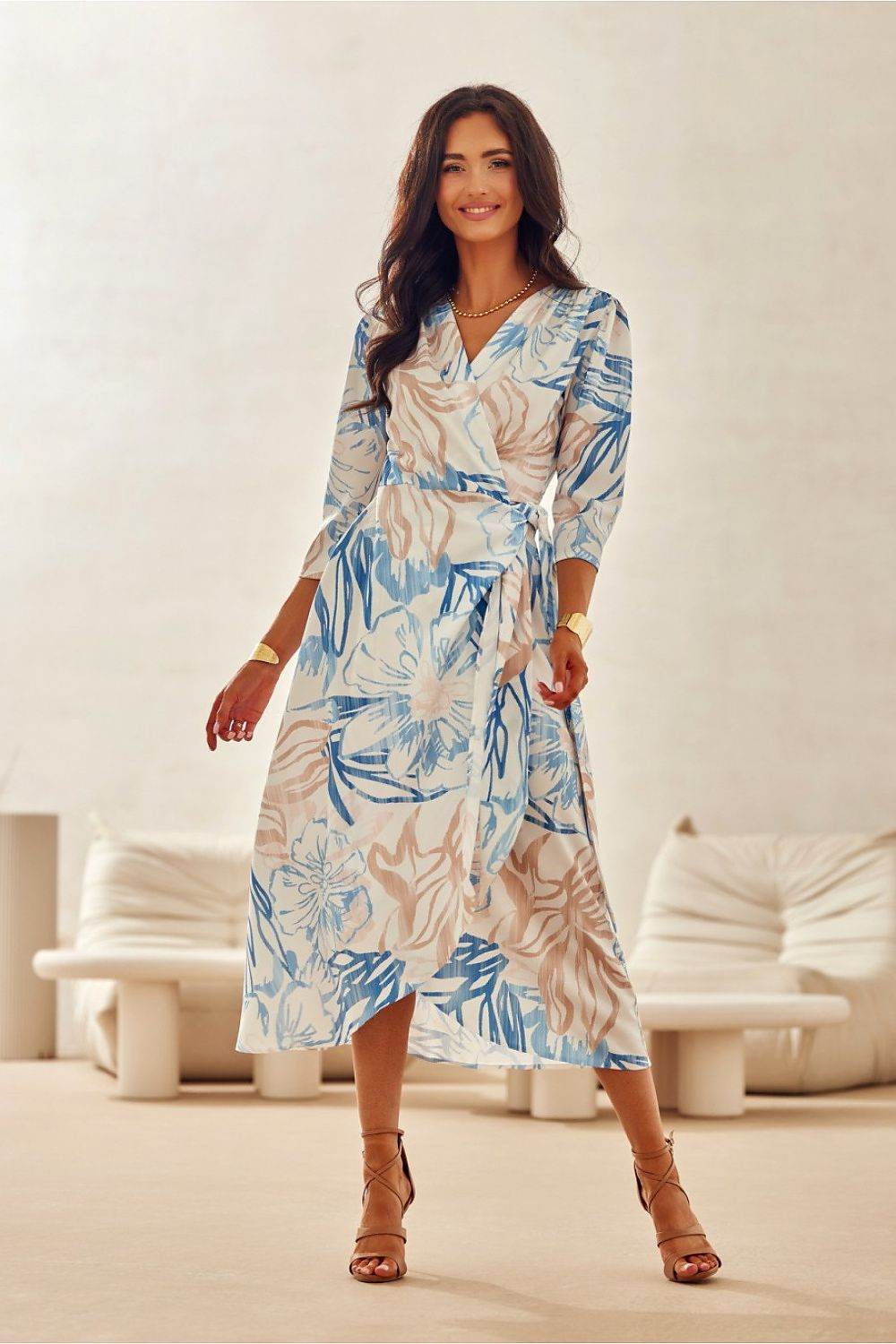 Elegant Midi Dress with V-Neckline and Charming Patterns - INDIEZ COUTURE