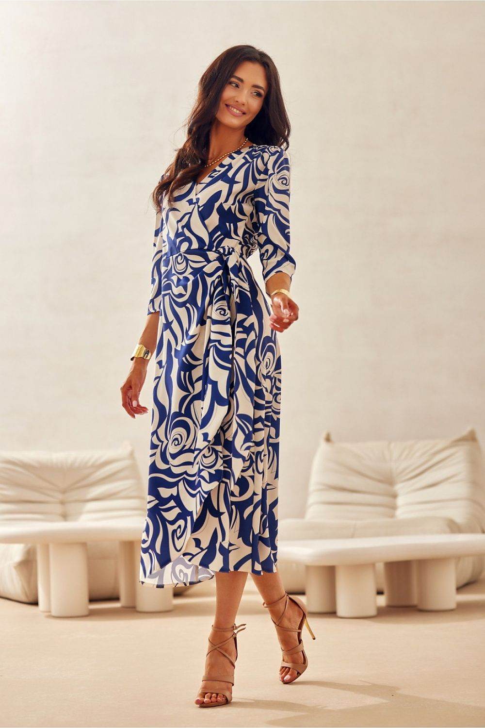 Elegant Midi Dress with V-Neckline and Charming Patterns - INDIEZ COUTURE