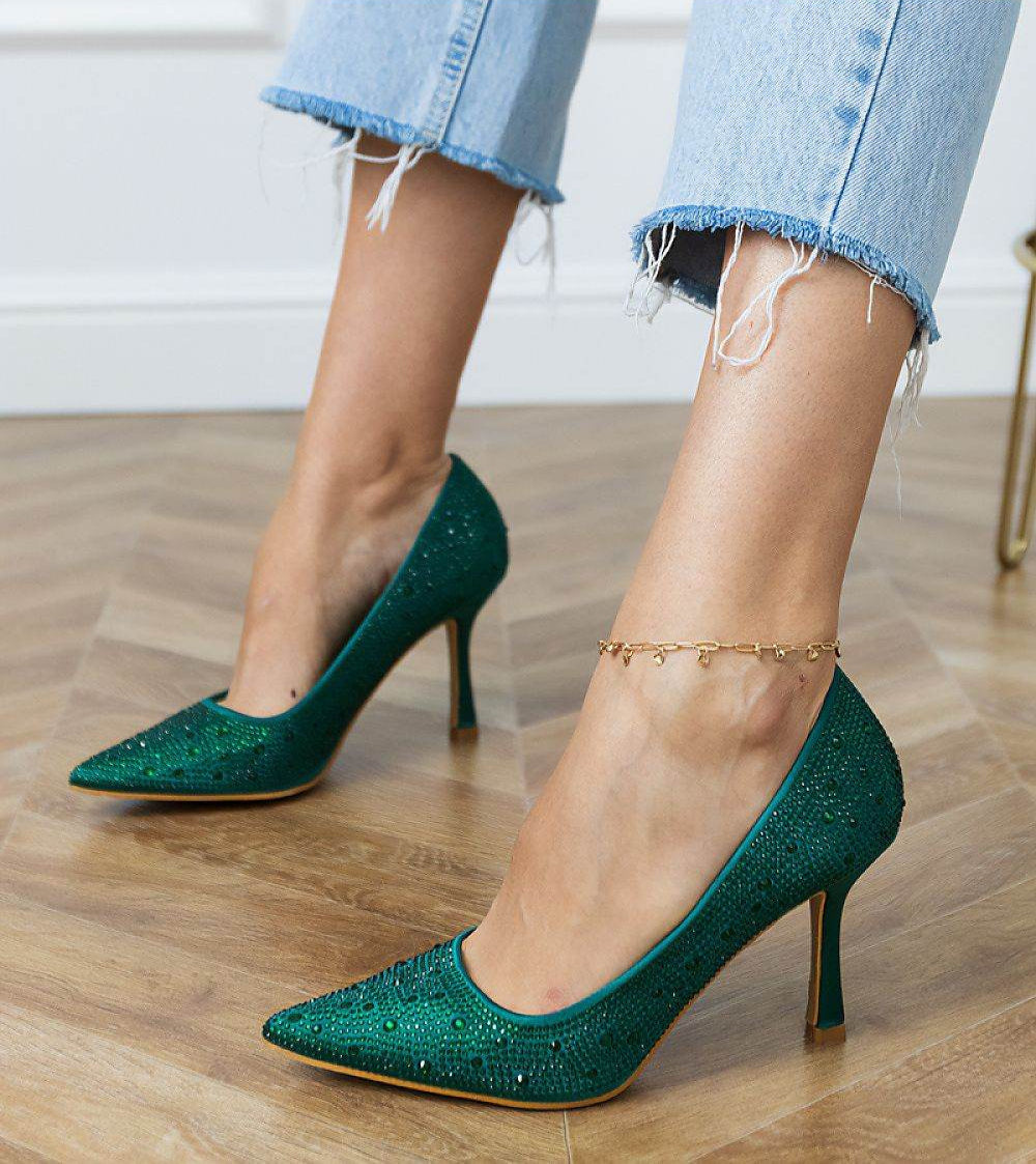 Stunning Green High Heels with Shimmering Crystals - INDIEZ COUTURE