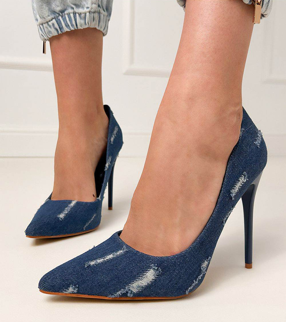 Elegant Denim High Heels with Slim Pointed Toe - INDIEZ COUTURE