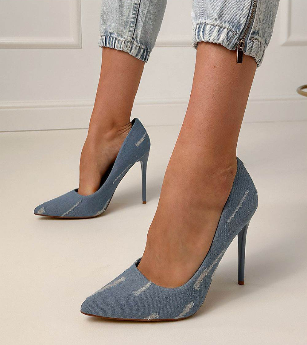 Elegant Denim High Heels with Slim Pointed Toe - INDIEZ COUTURE