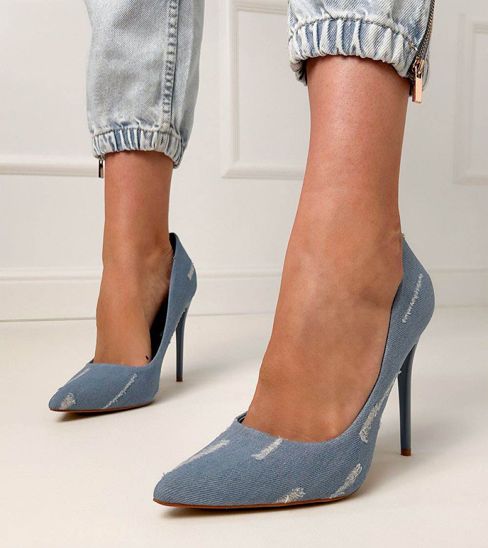Elegant Denim High Heels with Slim Pointed Toe - INDIEZ COUTURE