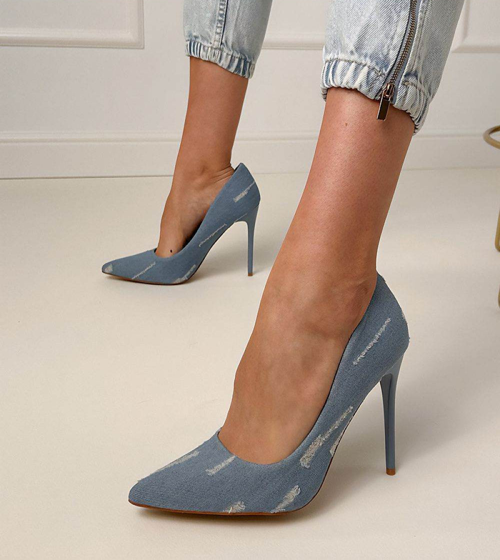 Elegant Denim High Heels with Slim Pointed Toe - INDIEZ COUTURE