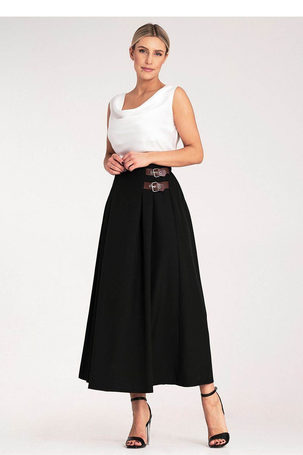 Elegant Midi Skirt with Side Straps and Pleats - INDIEZ COUTURE