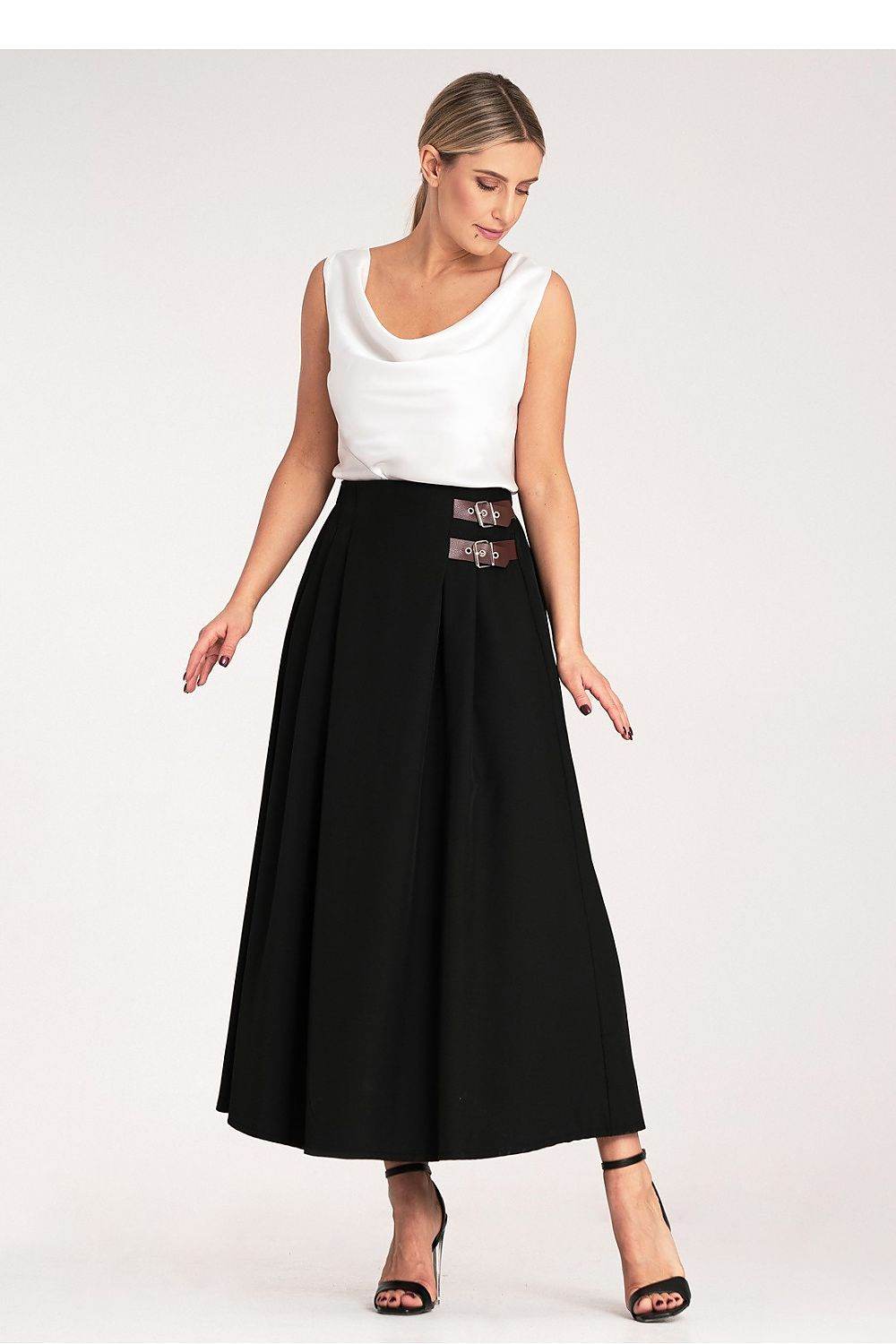 Elegant Midi Skirt with Side Straps and Pleats - INDIEZ COUTURE