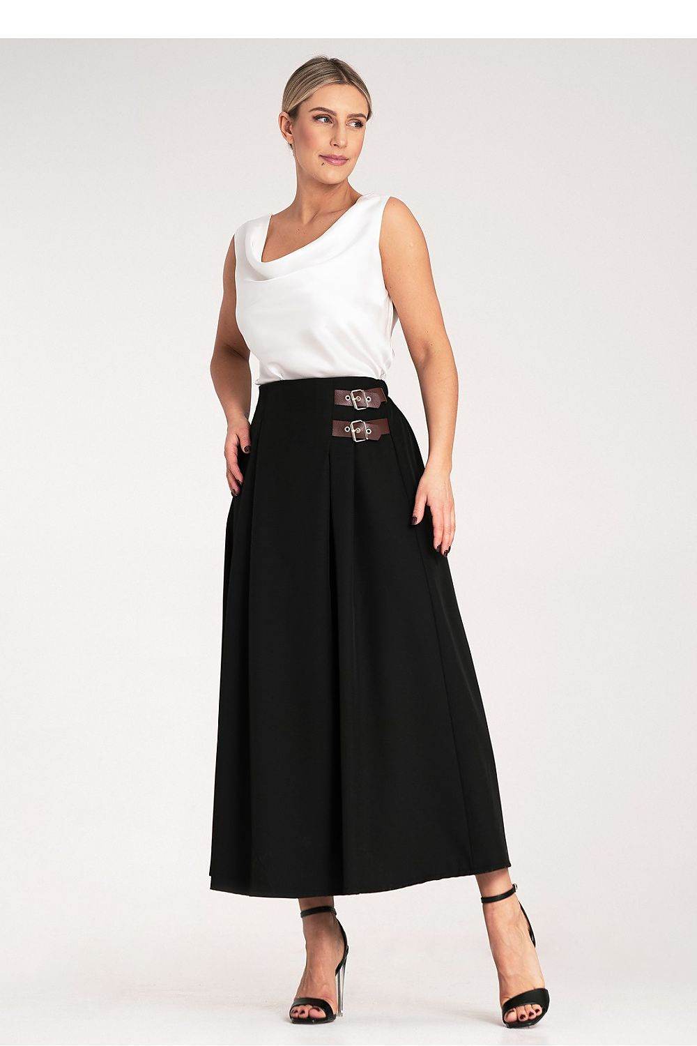 Elegant Midi Skirt with Side Straps and Pleats - INDIEZ COUTURE