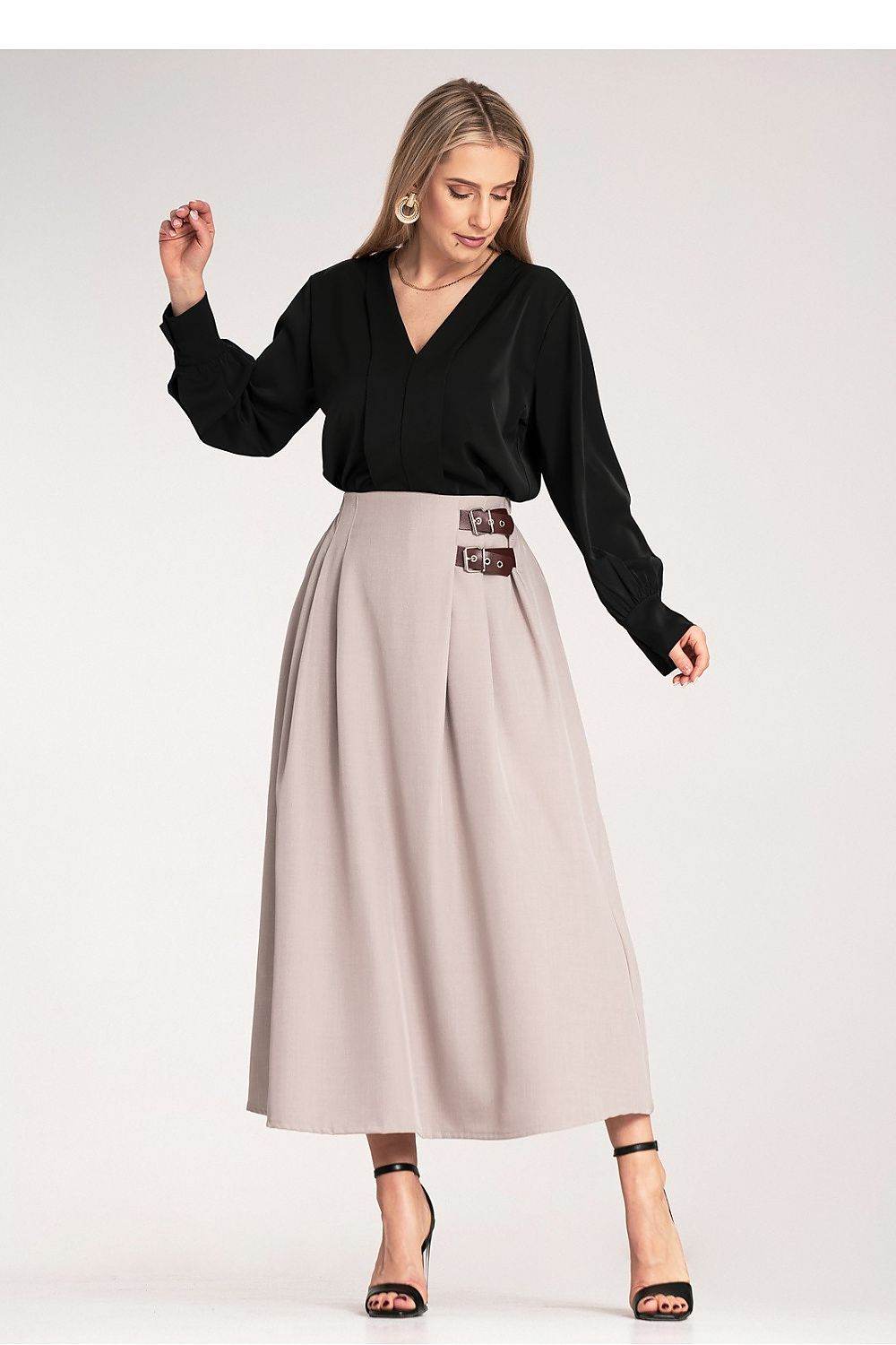 Elegant Midi Skirt with Side Straps and Pleats - INDIEZ COUTURE
