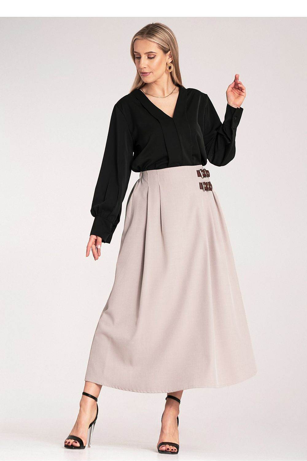 Elegant Midi Skirt with Side Straps and Pleats - INDIEZ COUTURE