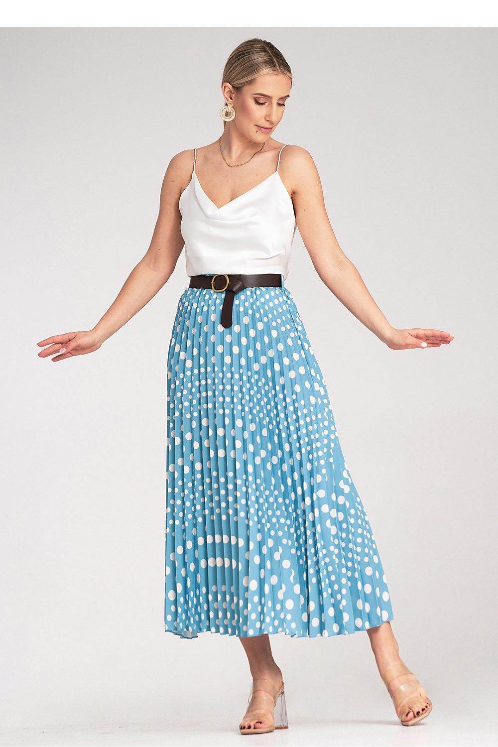 Pleated Midi Skirt with White Polka Dots - INDIEZ COUTURE