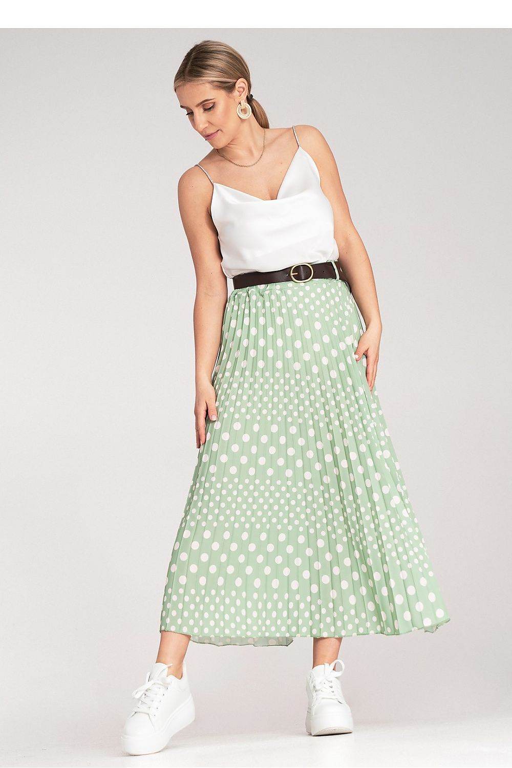 Pleated Midi Skirt with White Polka Dots - INDIEZ COUTURE