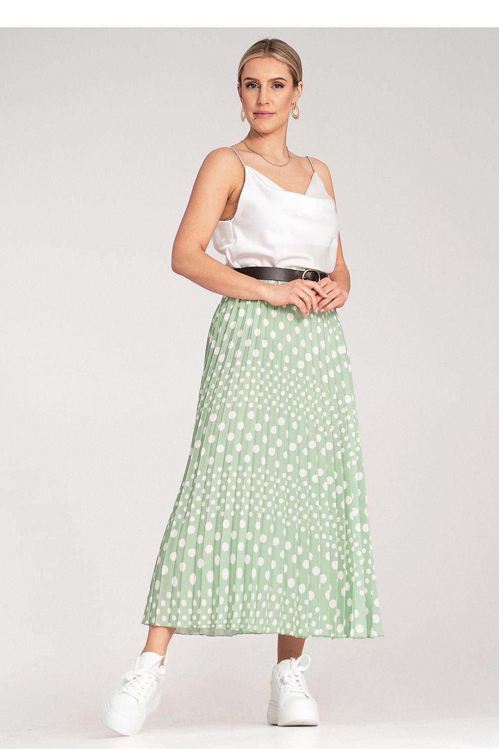 Pleated Midi Skirt with White Polka Dots - INDIEZ COUTURE