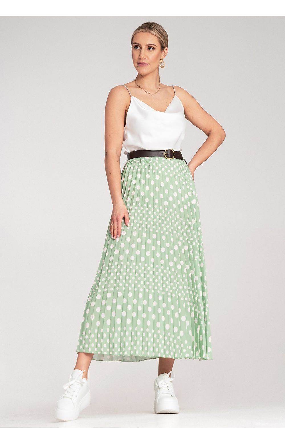 Pleated Midi Skirt with White Polka Dots - INDIEZ COUTURE