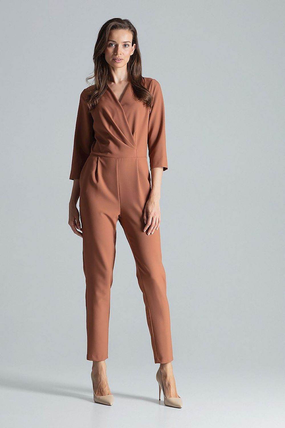 Chic Brown Jumpsuit with Elegant Envelope Neckline - INDIEZ COUTURE