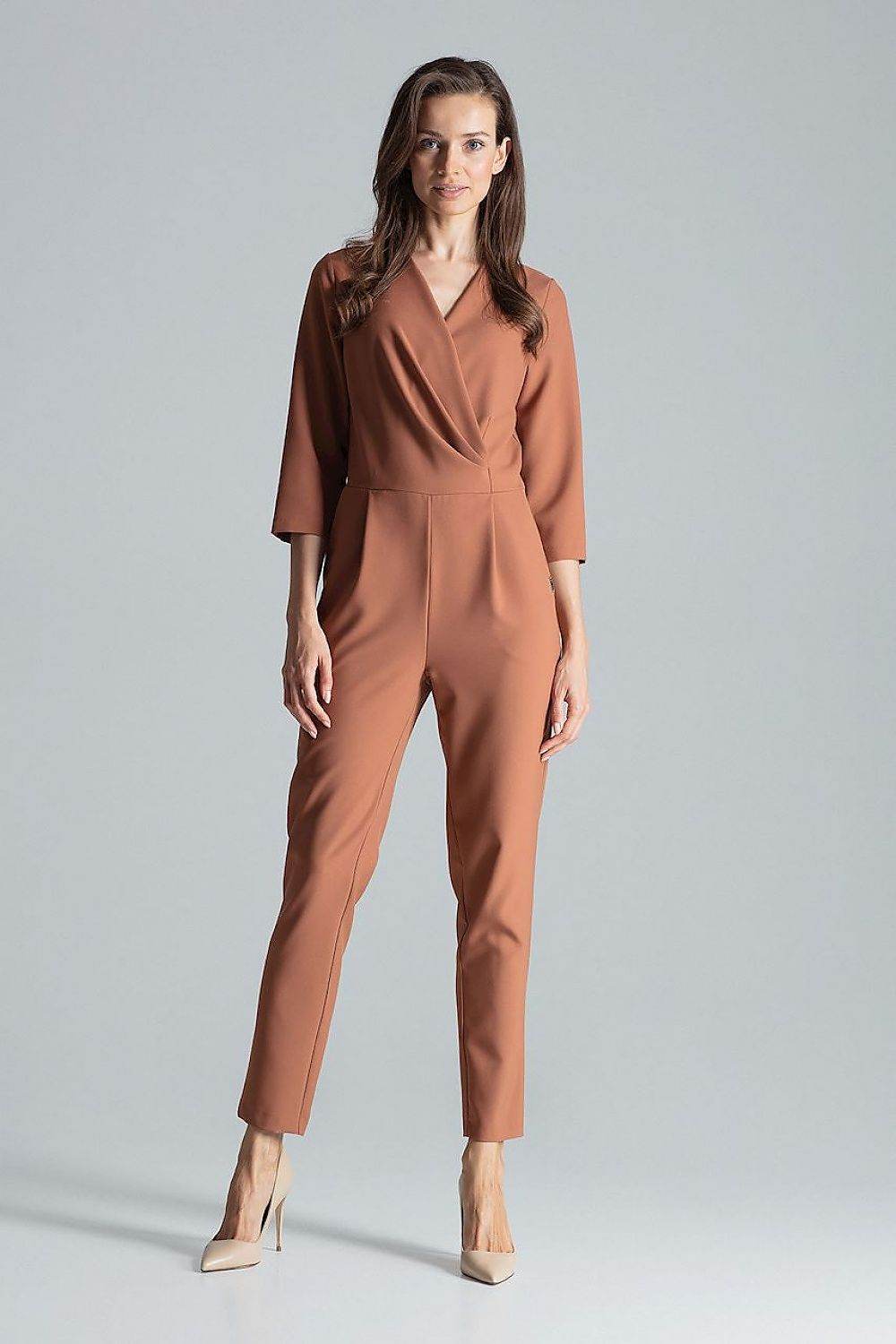 Chic Brown Jumpsuit with Elegant Envelope Neckline - INDIEZ COUTURE
