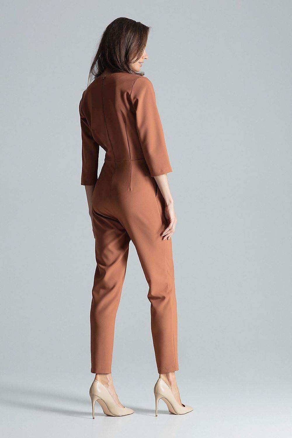 Chic Brown Jumpsuit with Elegant Envelope Neckline - INDIEZ COUTURE