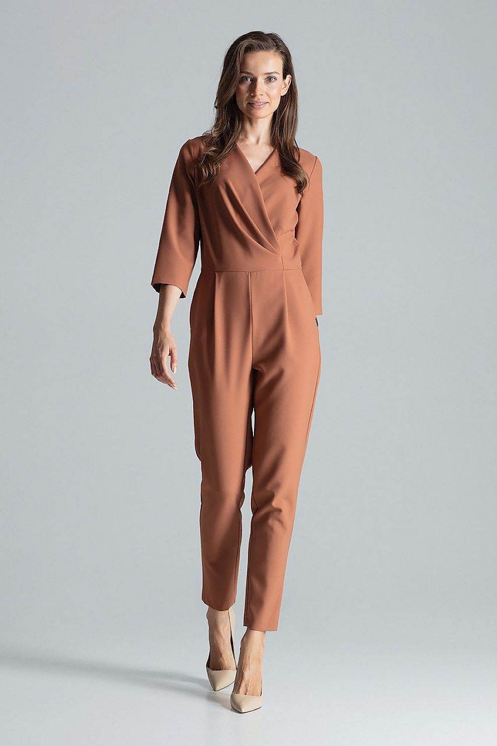 Chic Brown Jumpsuit with Elegant Envelope Neckline - INDIEZ COUTURE