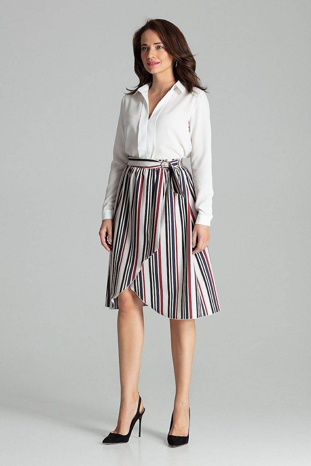 Striped Midi Skirt with Decorative Metal Buckle - INDIEZ COUTURE