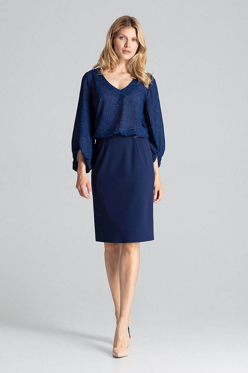 Navy Blue Classic Midi Pencil Skirt with Brocade Sides - INDIEZ COUTURE