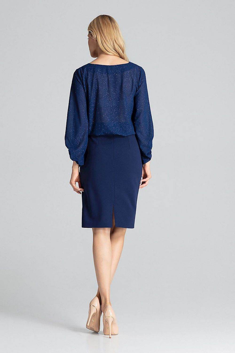 Navy Blue Classic Midi Pencil Skirt with Brocade Sides - INDIEZ COUTURE