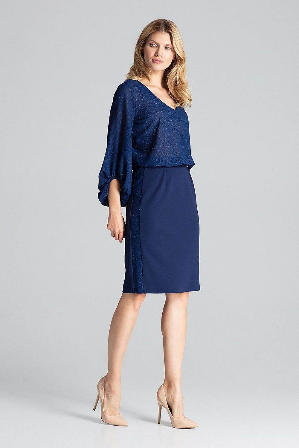 Navy Blue Classic Midi Pencil Skirt with Brocade Sides - INDIEZ COUTURE