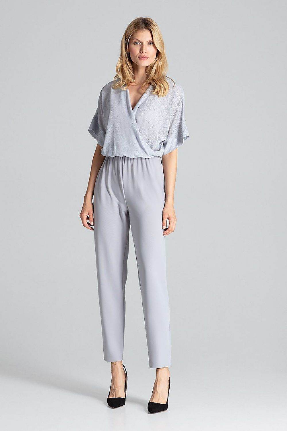 Elegant Grey Brocade Overalls with Tapered Legs - INDIEZ COUTURE