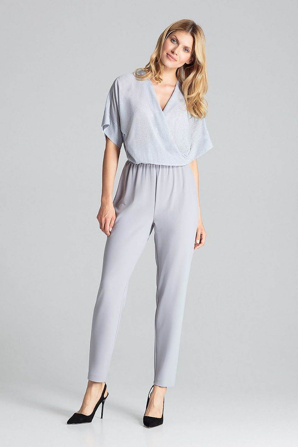 Elegant Grey Brocade Overalls with Tapered Legs - INDIEZ COUTURE