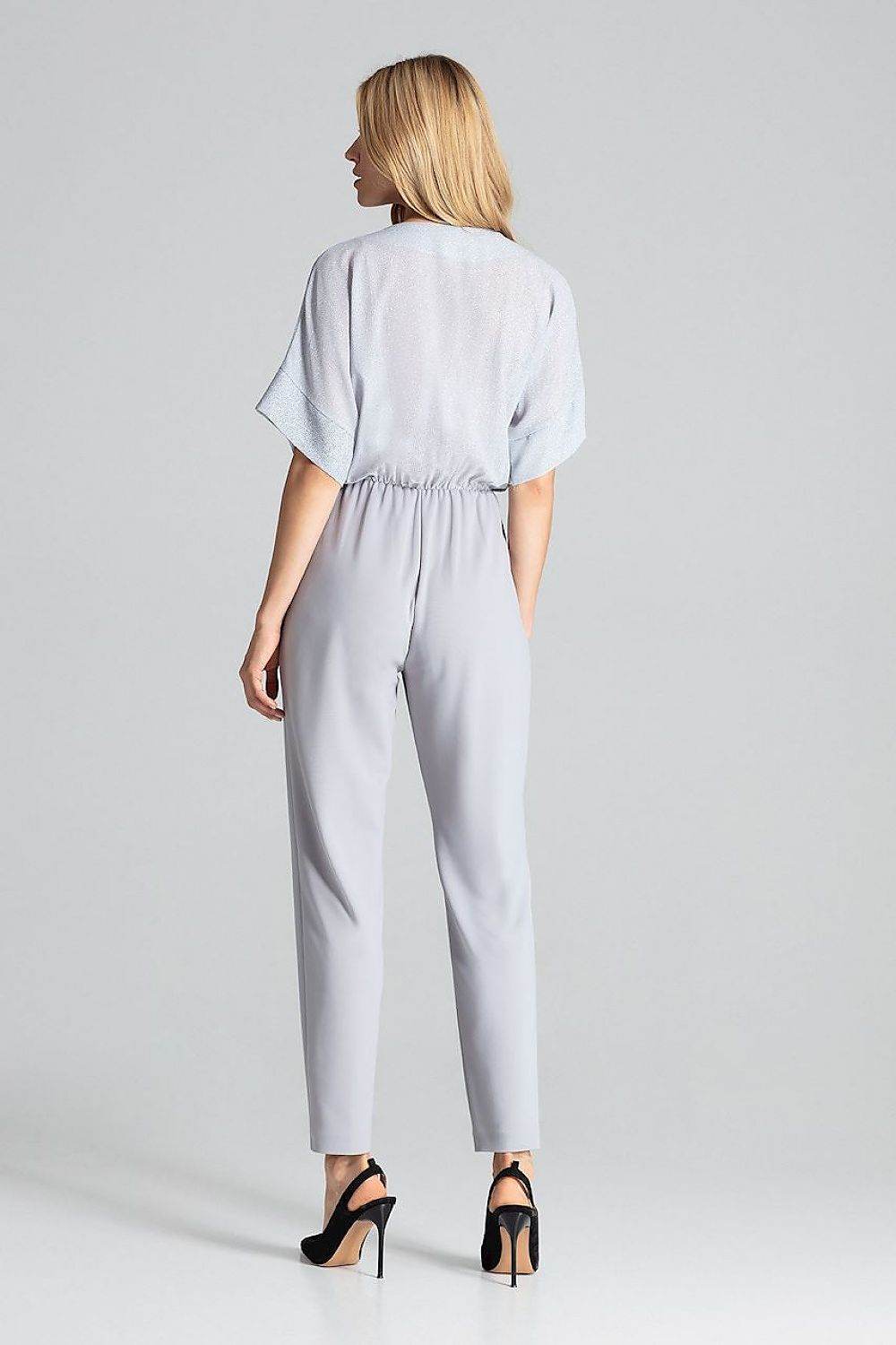 Elegant Grey Brocade Overalls with Tapered Legs - INDIEZ COUTURE