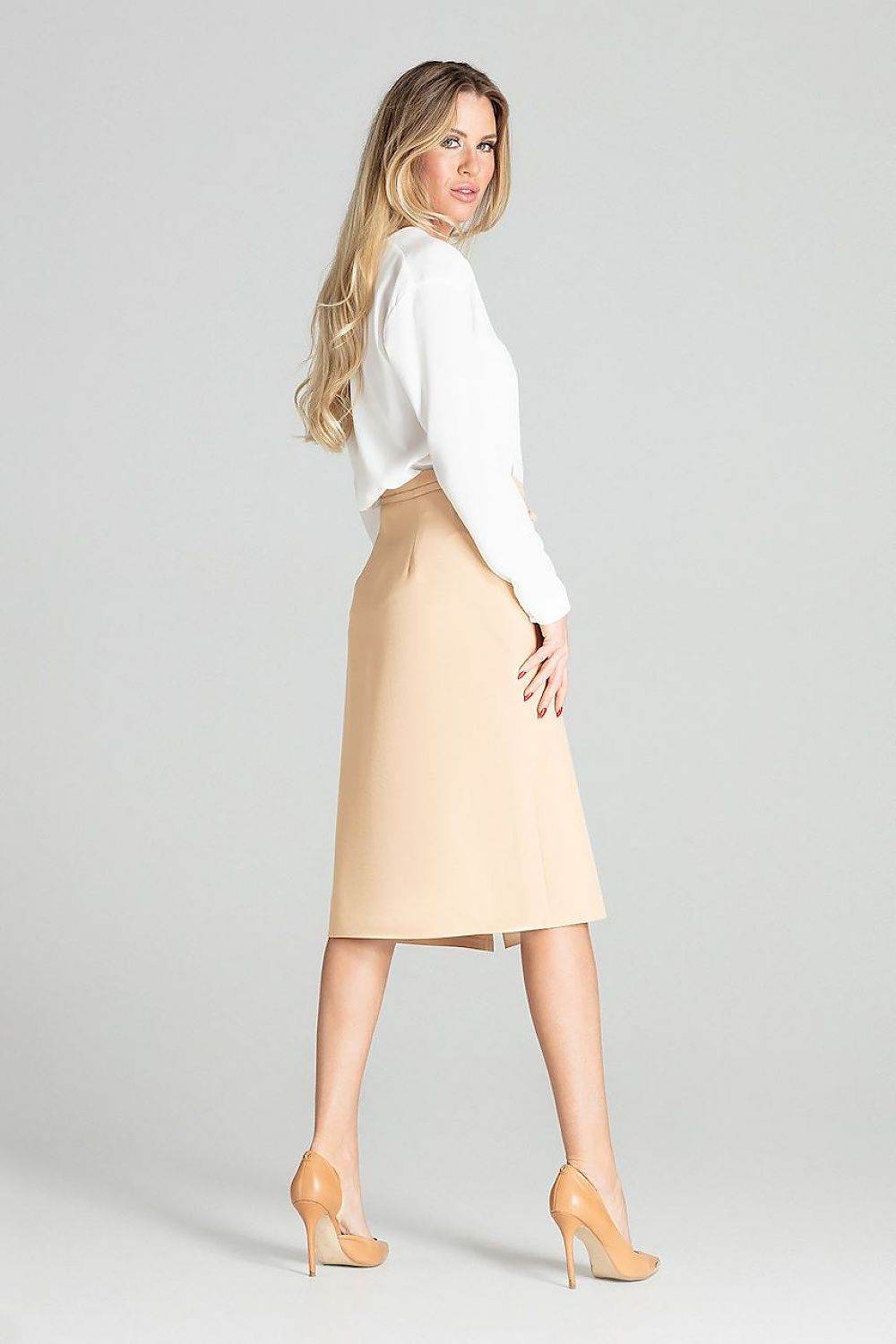 Beige Midi Skirt with Decorative Button Overlap - INDIEZ COUTURE