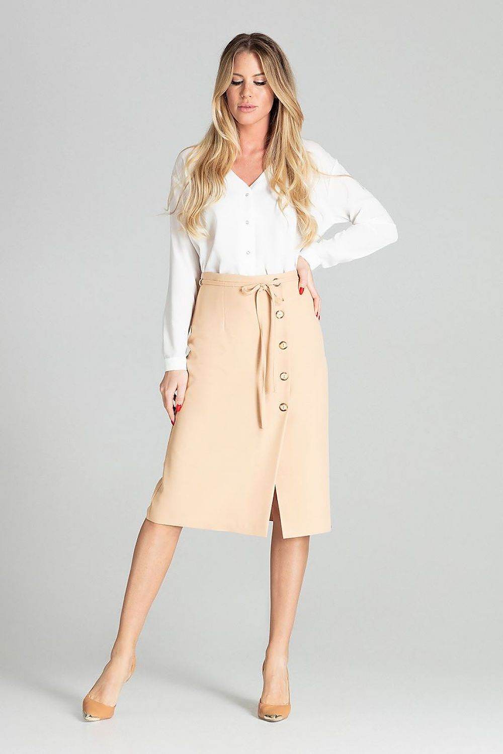 Beige Midi Skirt with Decorative Button Overlap - INDIEZ COUTURE