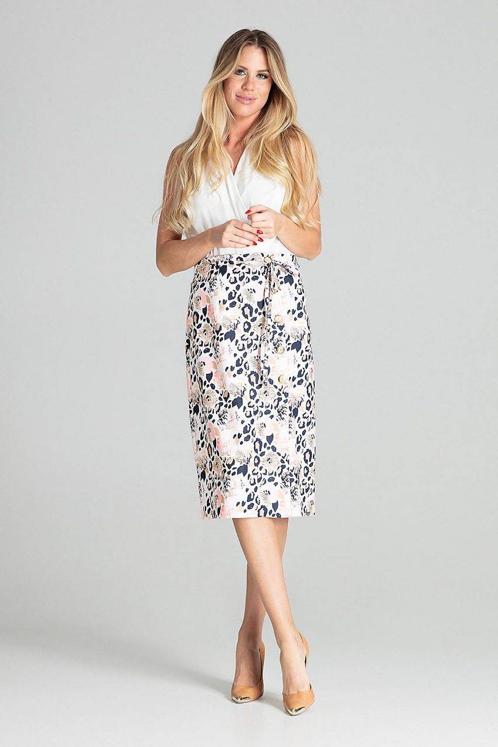 Beige Midi Skirt with Decorative Button Overlap - INDIEZ COUTURE