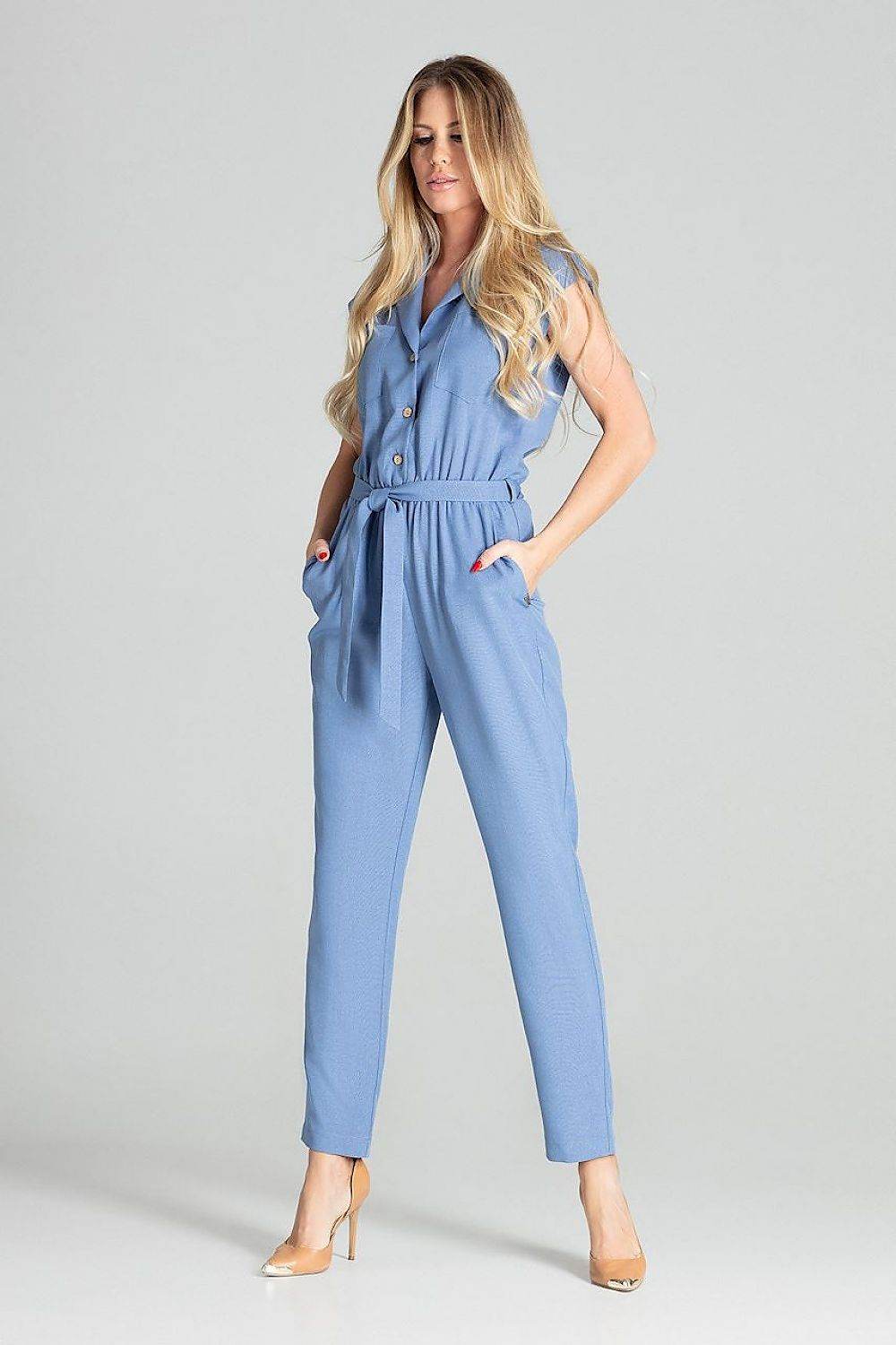 Stylish Blue Jumpsuit with Tapered Legs and Belt - INDIEZ COUTURE