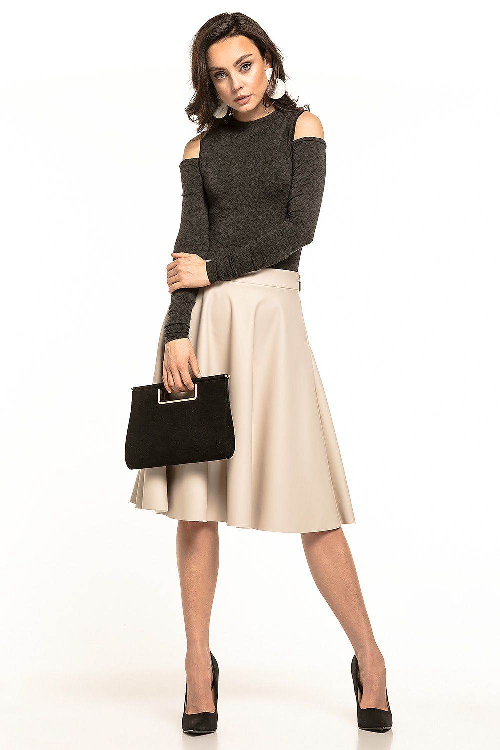 Elegant Eco-Leather Flared Midi Skirt with Zip - INDIEZ COUTURE