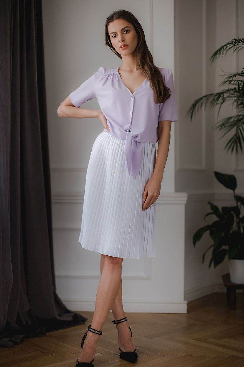 Purple Short Sleeve Shirt with Heart Neckline and Decorative Binding - INDIEZ COUTURE