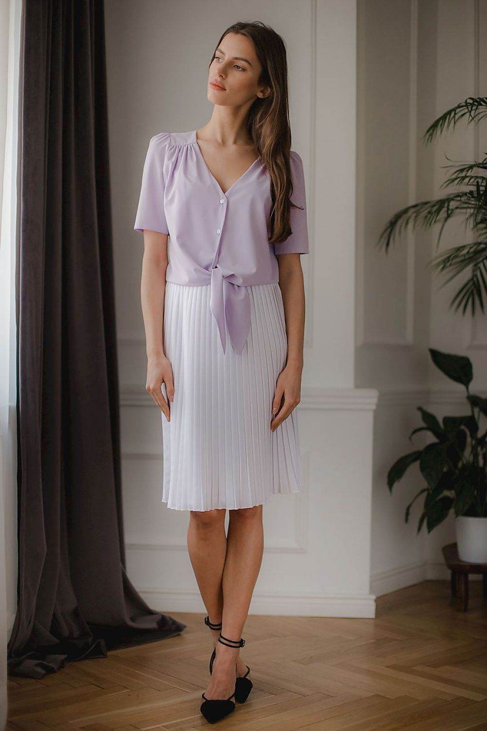 Purple Short Sleeve Shirt with Heart Neckline and Decorative Binding - INDIEZ COUTURE