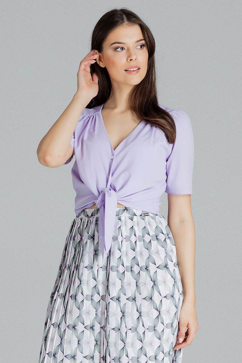 Purple Short Sleeve Shirt with Heart Neckline and Decorative Binding - INDIEZ COUTURE