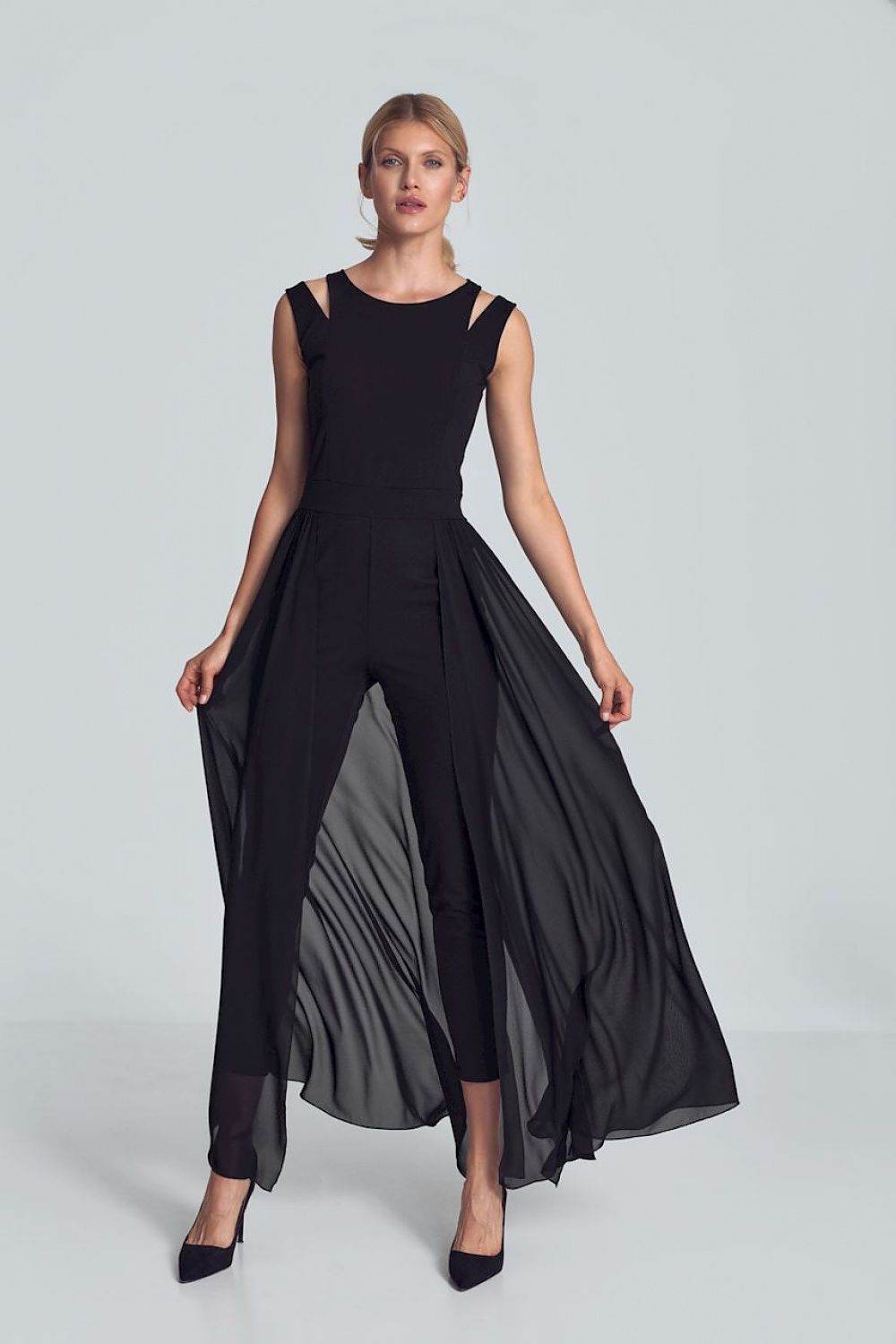 Elegant Black Jumpsuit with Chiffon Skirt Slit - INDIEZ COUTURE