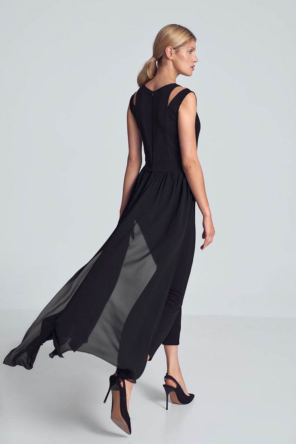 Elegant Black Jumpsuit with Chiffon Skirt Slit - INDIEZ COUTURE