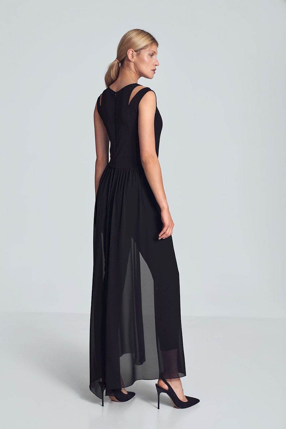 Elegant Black Jumpsuit with Chiffon Skirt Slit - INDIEZ COUTURE