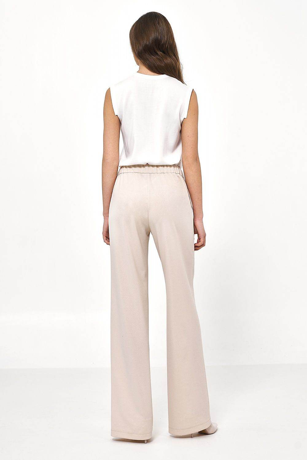 Elegant Beige Loose Cut Trousers for Women with Elevated Waist Design - INDIEZ COUTURE