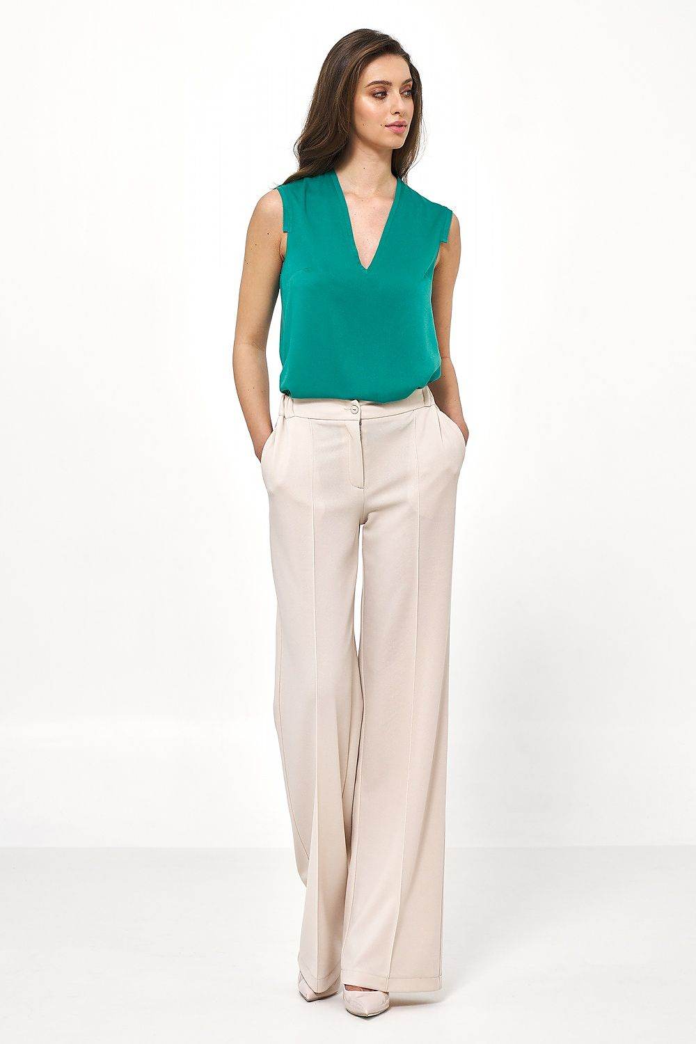Elegant Beige Loose Cut Trousers for Women with Elevated Waist Design - INDIEZ COUTURE