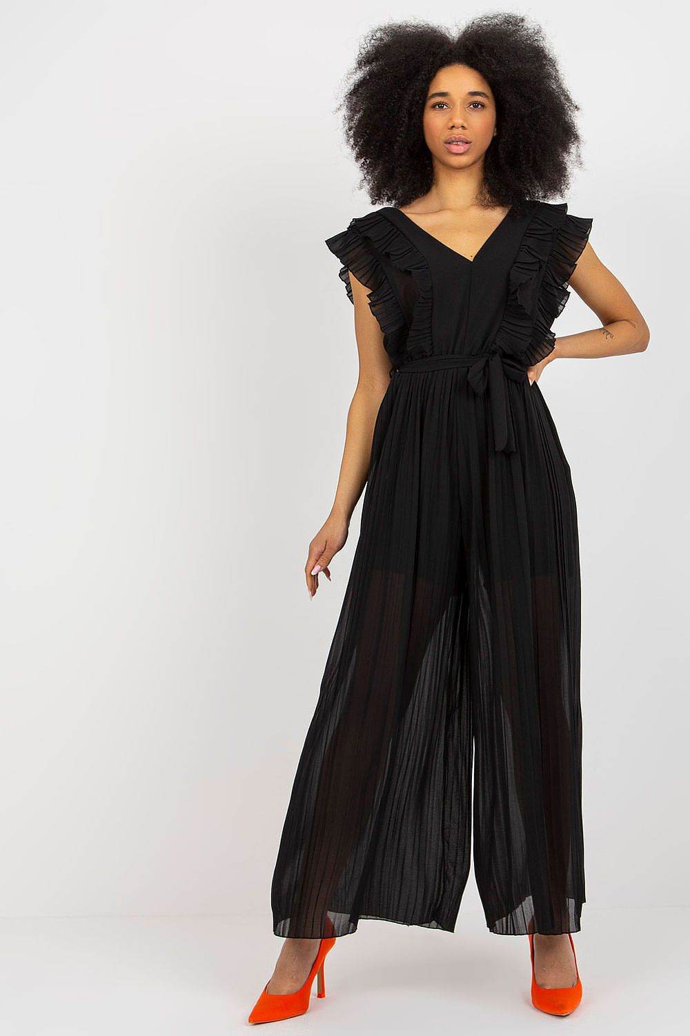 Elegant Pleated Jumpsuit with Wide Legs and Waist Tie - INDIEZ COUTURE